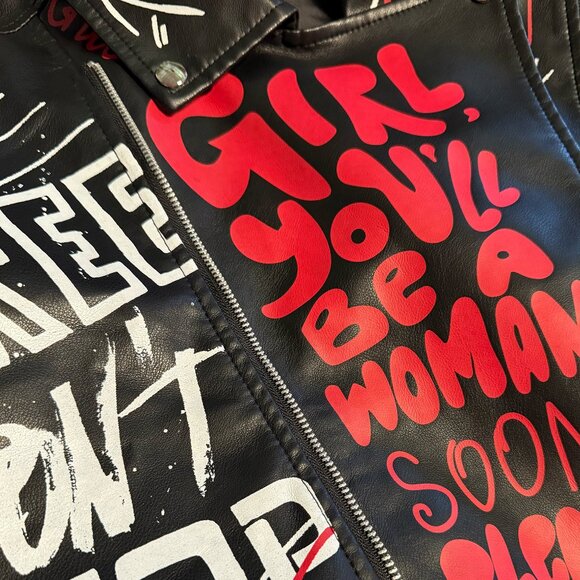 Graffiti Print Faux Leather Jacket – Punk Style Black Moto, Size M, Unique - Picture 9 of 11